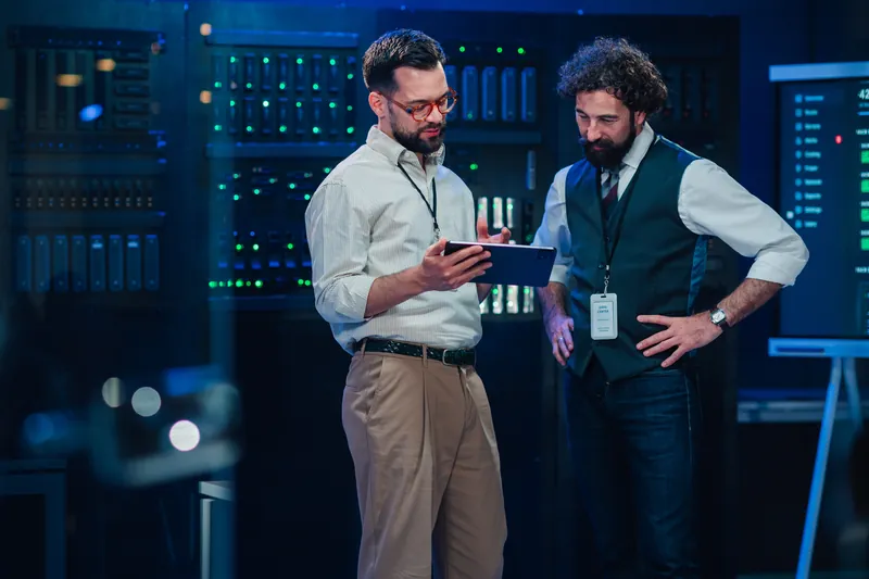 Two data-center engineers reviewing figures on a tablet in front of a lit server rack