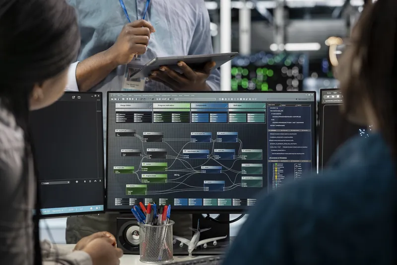 Engineers at a workstation studying a system integration flow diagram on a wide monitor